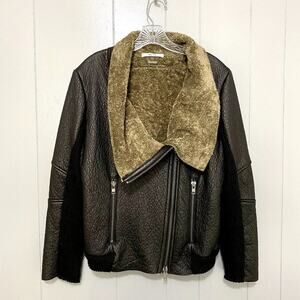 AMS Pure Black Vegan Leather Wool Mohair Fuzzy Lining Full Zip Jacket 10